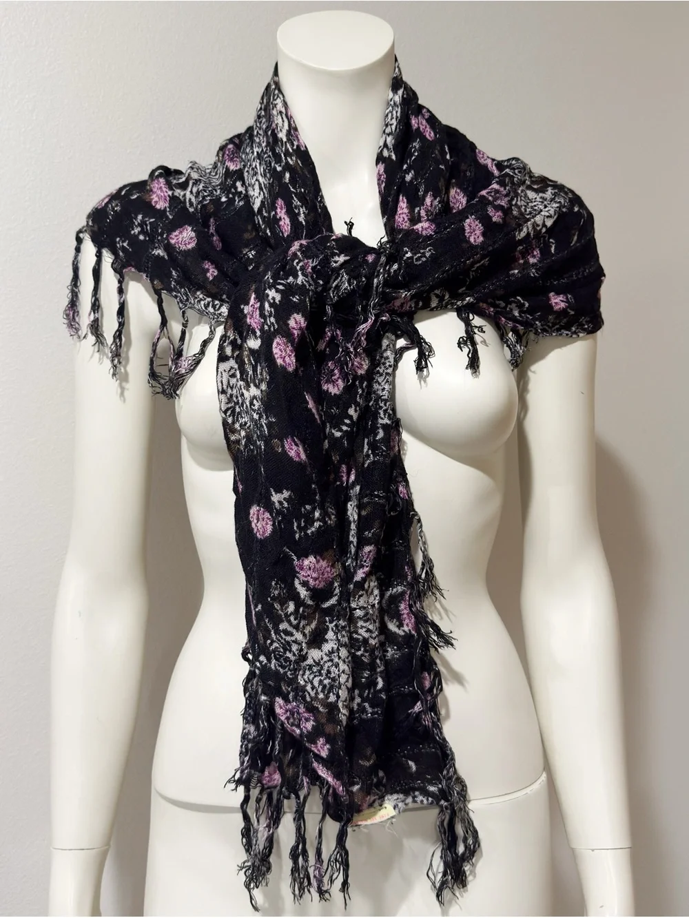 Boho Floral Fringe Black Scarf Pink & White